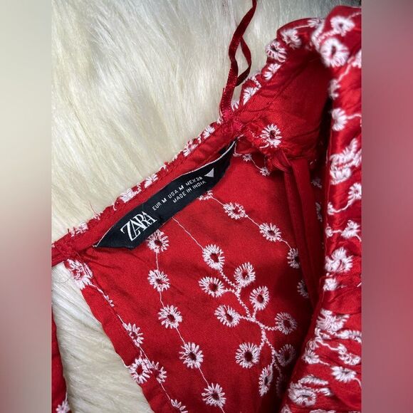 Zara Women red and white Dress With Cutwork Embroidery Sz Medium - Picture 4 of 11